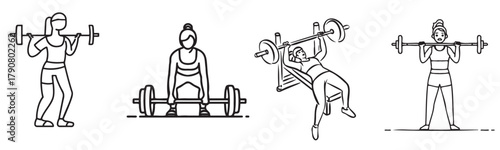 Four women are shown in different poses, all lifting weights. The first woman is lifting a barbell, the second is lifting a dumbbell, the third is lifting a barbell