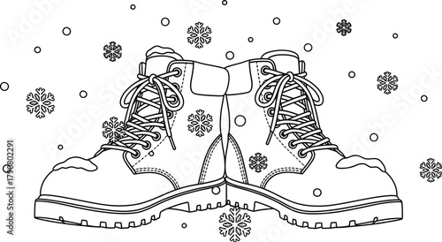 Winter boots with snowflakes falling around them in a black and white drawing