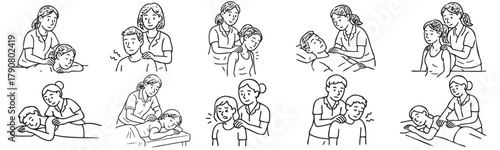 A series of pictures of people in various positions, with one of them being a woman holding a child. The pictures are all black and white