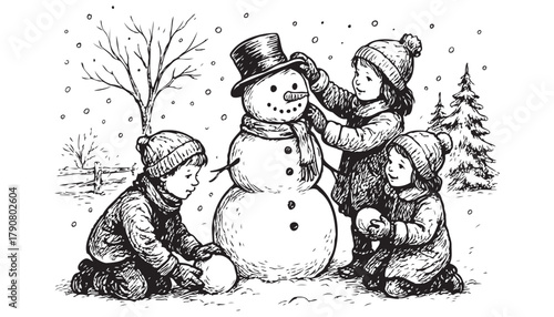 A black and white drawing of a snowman with two children playing with it. Scene is playful and joyful