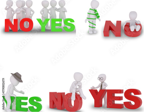 A collection of 3D stick figures interacting with red 'NO' and green 'YES' text blocks, representing choice and decisions.