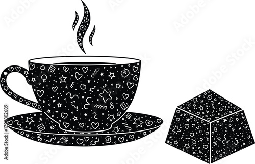 Stylized cup of tea with sugar cube black and white design