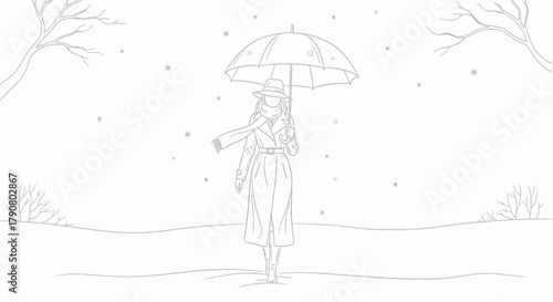 Woman in winter coat walking with umbrella during a snowfall line art style