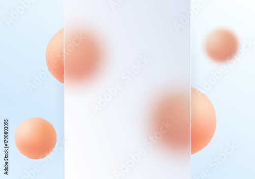 Abstract composition with vertical matte panel and soft blurred orange spheres on pale blue gradient background, glassmorphism style.