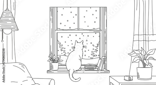 Cat watching snowfall from window in cozy room with plants and soft lighting