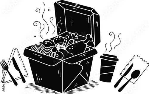 Takeout box filled with food next to coffee and silverware black and white