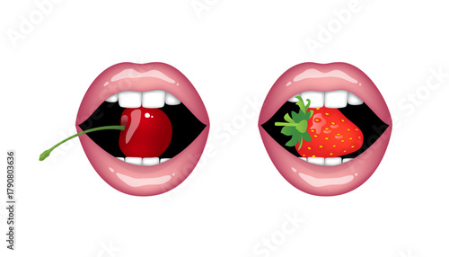 Beautiful, sexy female lips with dark outlines holding cherries and strawberries. Set of isolated vector illustrations