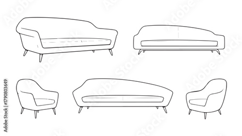 A vector icon set illustrating 3D interior home furniture equipment like a sofa, couch, and bed design