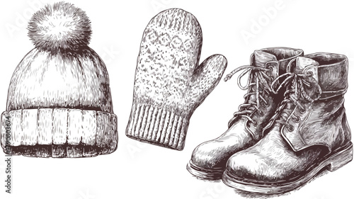 Chic Winter Accessories: Knitted Hat, Mittens, Boots - Fashionable Cold Weather Apparel
