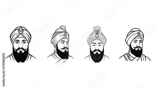 Sikh Gurus portraits vector outline