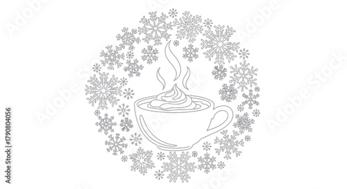 Steaming cup of cocoa surrounded by snowflakes for a cozy winter coloring page