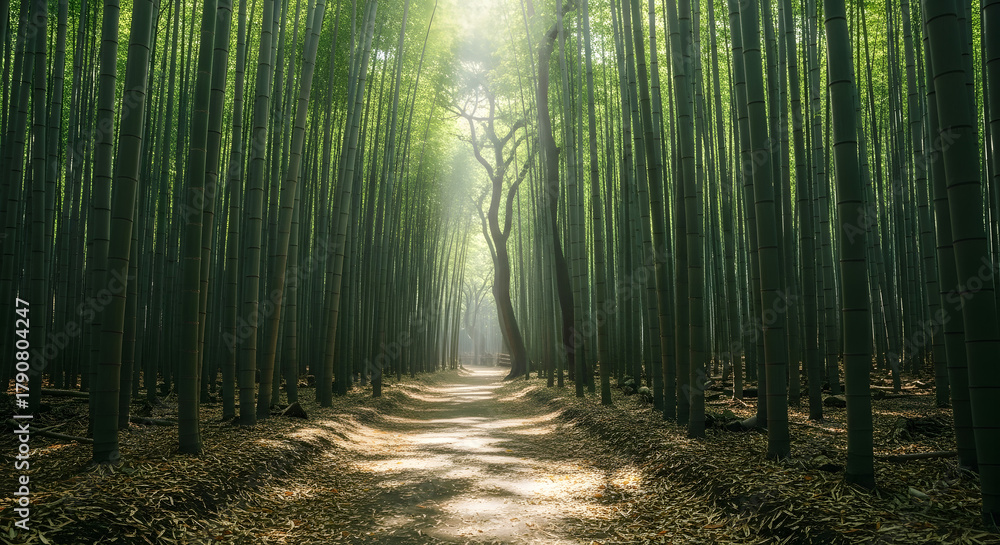 Naklejka premium Bamboo forest path bathed in sunlight tranquil scene of tall bamboo stalks nature trail in lush green grove peaceful walkway through serene woodland