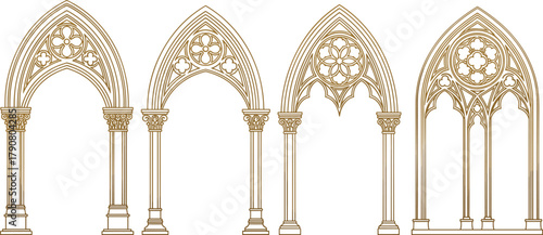 Gothic arches illustration, medieval architecture design, cathedral window patterns, ornate stone tracery, vintage architectural details, historical church archways, vector art, decorative elements
