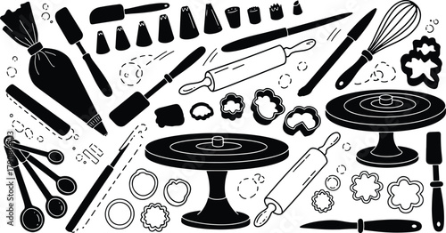 Baking utensils and tools for cake preparation and decoration set drawing