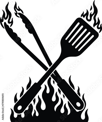 Barbecue tools with flames representing cooking food grill or fire