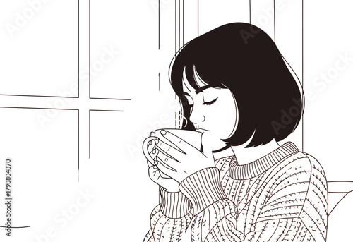 Woman enjoying warm beverage by window on a cold winter day illustration