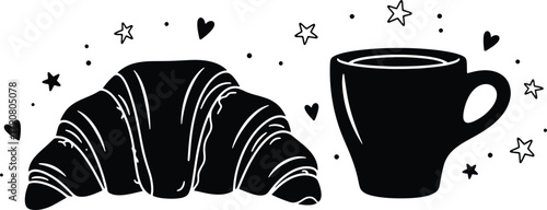 Black and White Coffee Cup and Croissant Illustration Design Element