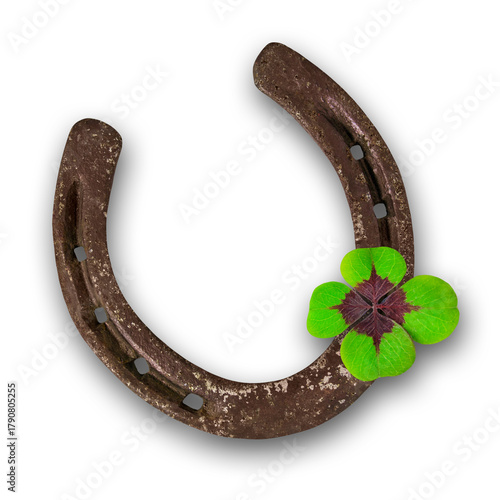 Horseshoe with clover and shadow isolated on transparent background  PNG cut out