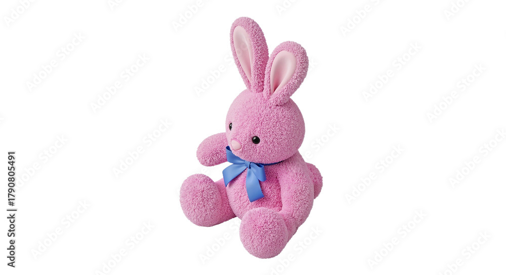 Obraz premium Pink plush bunny toy with long ears and blue bow sitting upright on transparent background