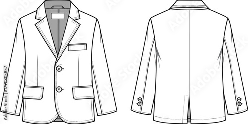 Blazer jacket technical sketch, front and back view, notched lapel, flap pockets, sleeve buttons, back vent, garment design, apparel