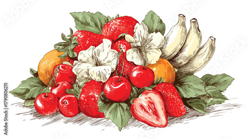 Vibrant Ripe Juicy Fruit Bunch Bouquet Wrap Vector with Outline