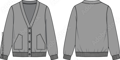 Cardigan sweater flat sketch, front and back view, technical fashion drawing, ribbed cuffs, patch pockets, V-neck, apparel template, garment design