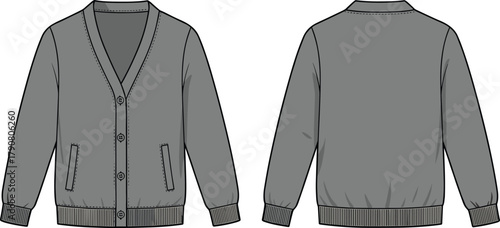 Cardigan sweater flat sketch, technical fashion illustration, front and back view, V-neck, button closure, welt pockets, ribbed hem, knitwear design