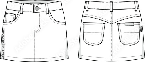 Denim skirt technical sketch, front and back view, belt loops, coin pocket, patch pockets, fly front, garment design, apparel illustration
