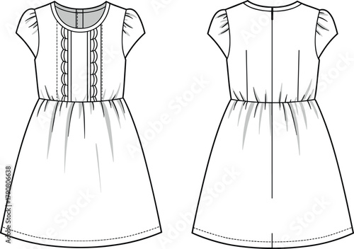 Girls dress flat sketch, technical fashion illustration, front and back view, scalloped lace detail, gathered waist, short sleeve, kidswear design
