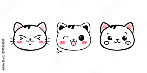 Black white cat head face line contour silhouette icon set. Pink blush cheeks. Funny kawaii smiling sad doodle animal. Cute cartoon funny character. Pet collection. Flat design Baby background.
