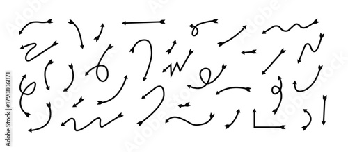 Set of Hand Drawn Black Arrows and Pointers in Different Styles and Directions on White Background