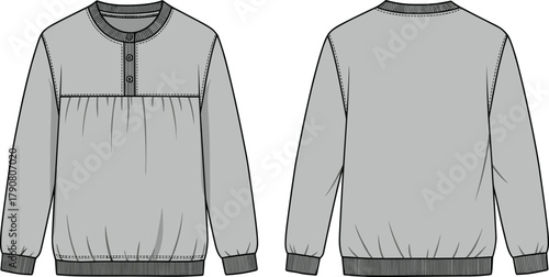 Long sleeve pullover sweatshirt, casual fashion top, round neck button placket, ribbed cuffs hem, technical flat sketch apparel design illustration