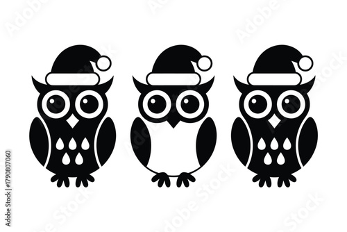 Three cartoon owls wearing Santa hats against a white background.