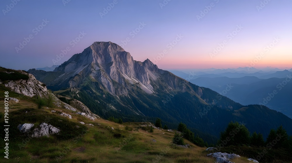 Naklejka premium Majestic mountain peak at twilight with soft sky colors and layered distant ranges