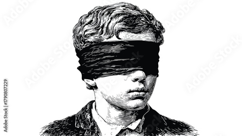 Young Boy Wearing Black Blindfold Vector - Professional Isolated Outline Design