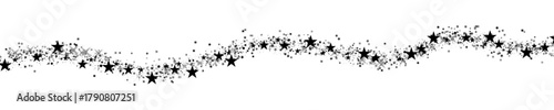 A wave of black star dust and various sized stars flows on a transparent background, creating a magical and festive feel. Suitable for holiday or celebratory designs.