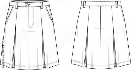 Pleated skirt technical sketch, front and back view, belt loops, button closure, side pockets, structured pleats, garment design, apparel