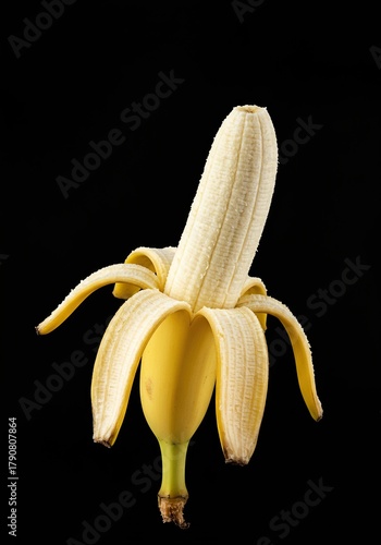 A close-up shot of a vibrant yellow banana being skillfully peeled, revealing the soft, edible fruit within. Fresh, healthy snack ,peeling ,vegan ,fresh