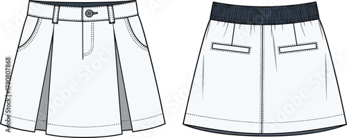 Pleated skirt technical sketch front and back view, waistband with belt loops, button and zipper fly, elastic back, welt pockets
