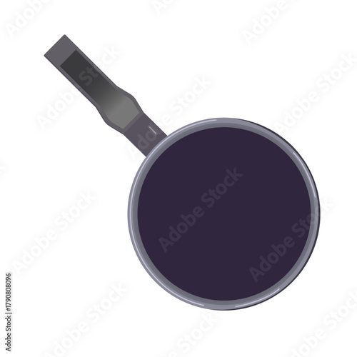 A frying pan with a dark nonstick surface and a gray handle, top view. Minimalistic vector image of kitchen utensils. Realistic style suitable for menu design, culinary websites, recipes, packaging