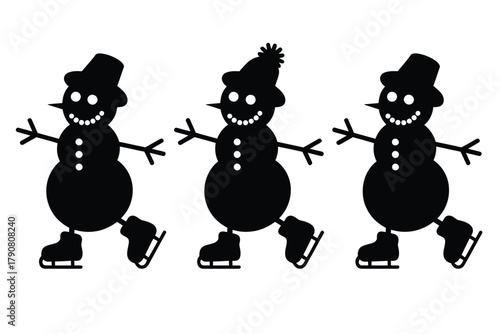 Three snowmen with hats and skates are ice skating in a row on a white background.