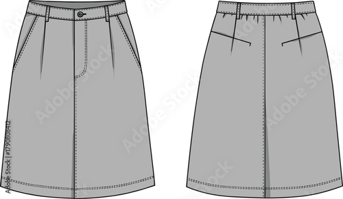 Skirt technical sketch, fashion flat drawing, front and back view, waistband detail, welt pockets, garment construction, line art, apparel template