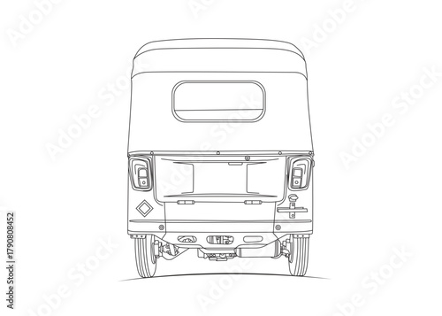 Clean line art illustration of a CNG auto rickshaw back view.
Minimal vector drawing ideal for transport design, city mobility projects, or automotive concept artworks.