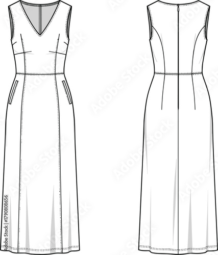 Sleeveless technical fashion sketch, full length dress front and back view, V-neckline, princess seam, zippered pockets, centered back zipper