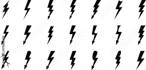 Set of lightning bolt, flash, thunder symbol abstract shape. Collection of vector illustration isolated with various design on white background.