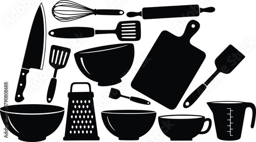 Black silhouette of kitchen utensils for baking cooking and food preparation