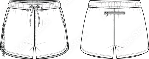 Technical fashion illustration athletic shorts front back view, sportswear design sketch, running shorts drawing, garment flat sketch, vector apparel template, activewear