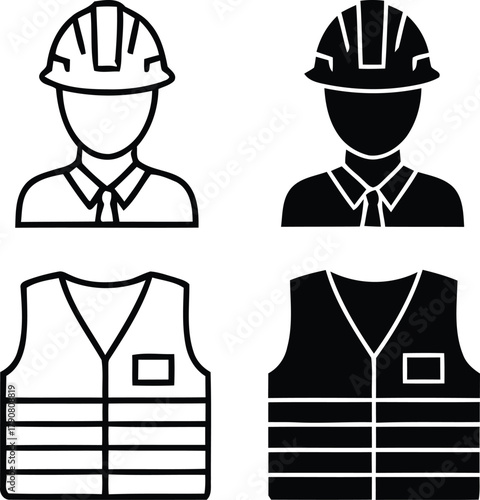 Construction worker icons safety gear and uniforms