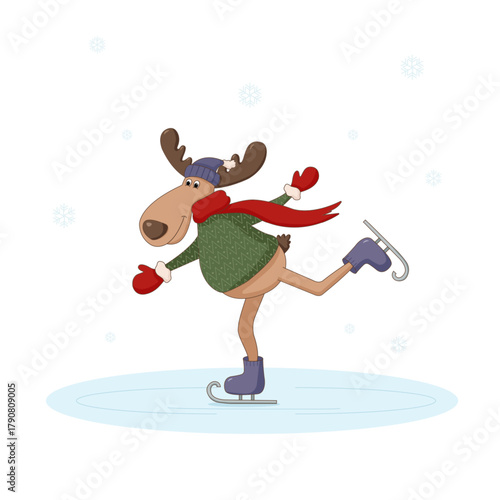 A funny moose in a green sweater, red scarf, and mittens glides across the ice on skates. Vector illustration of a cartoon character in winter clothing. Suitable for New Year's designs, cards, and