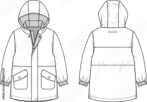 Technical fashion illustration, hooded coat front and back view, outerwear design, garment sketch, zipper, pockets, elastic cuffs, yoke seam